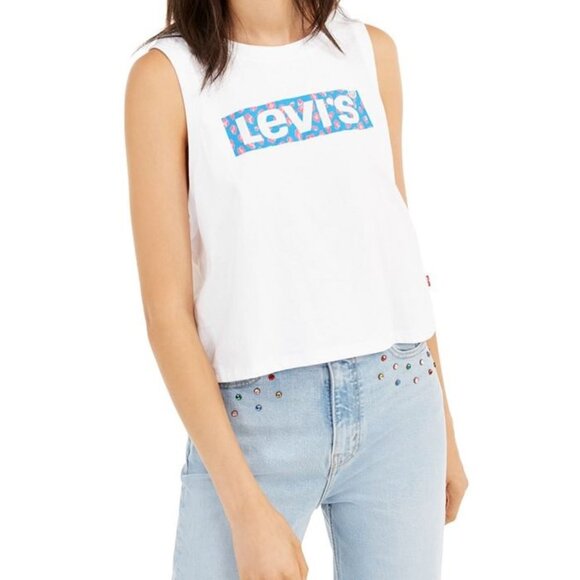 Levi's White Crop Top with Blue and Pink Logo - Picture 1 of 7